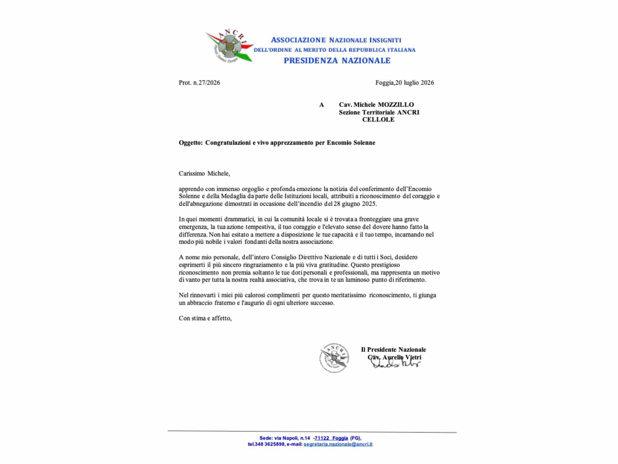 Encomio al Cav. Michele MOZZILLO